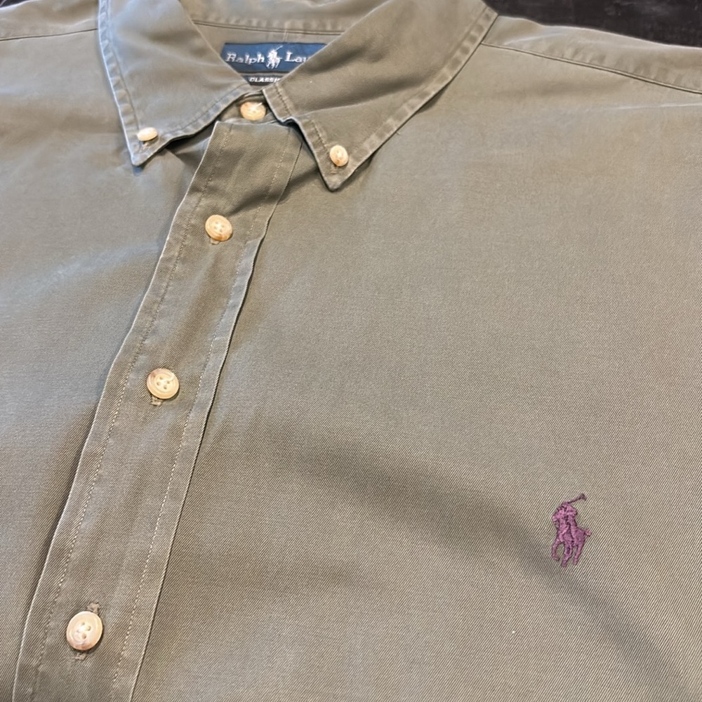 Ralph Lauren Classic Fit Olive Cotton Eggplant Logo Button Down Size 3XB BJ1